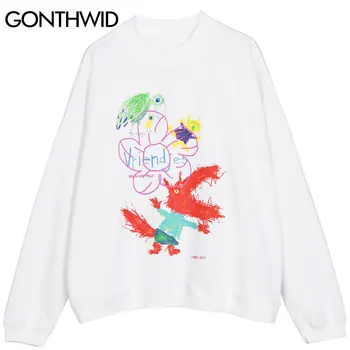 GONTHWID Graffiti Dinosaur Blomster Print Sweatshirts og Hættetrøjer Streetwear 2020 Hip Hop Casual Pullover Hoodie Herre Toppe Outwear