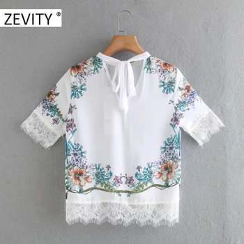 Zevity Nye kvinder mode blonder patchwork blomster print casual bluse med smock damer korte ærmer tilbage bow tie chic shirt, toppe LS7136