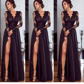 Women Floral Lace Long Sleeve Cocktail Prom Gown Party Skater Dress S2XL
