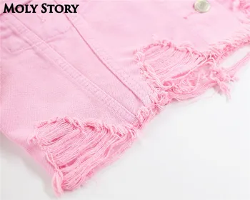 Streetwear Pink Nødlidende Denim Jakke Outwear Lange Ærmer Rippet Jean Jakke Kvinder Grundlæggende Frakker
