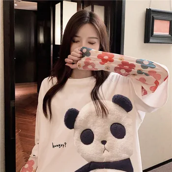 Koreansk Stil Kvinders T-Shirt Panda Kawaii O Hals kortærmet Mid-længde T-shirt Løs Studerende Toppe, t-shirt Dame Tøj 2021