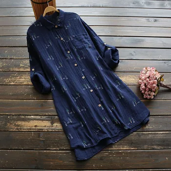 5628 Nye Forår Kvinder Bluse Enkel Japan Style Udskrivning Lange Ærmer Turndown Krave Bomulds Bluse Kvinder Litterære Skjorte Top
