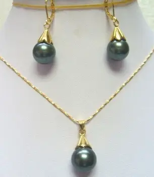 Gratis forsendelse Nye stil Naturlige ædle smykker>>>>Nye Mode 12mm Sort shell perle vedhæng Halskæde øreringe sæt