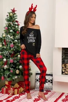 Kvinder Xmas Loungewear Pyjamas Sæt med Lange Ærmer Brev Udskrive Off Skulder Toppe+ Jul Plaid Nattøj Bukser Plus Størrelse S-5XL
