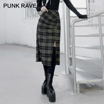 PUNK RAVE Pige Punk Lige Plaid Nederdel Tværs af efterår og Vinter, Mid-længde Høj Talje Slids Slanke Kvinder Nederdel Streetwear