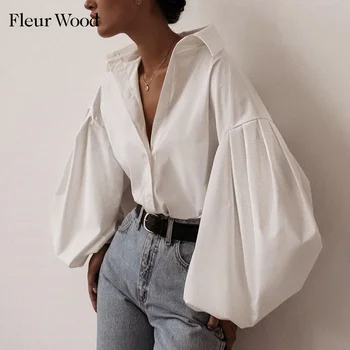 FLEUR TRÆ Bluse Kvinder Mode Lanterne Ærme Hvid Skjorte Turn-down Krave blusas Vintage Bluse Shirt Plus Størrelse kvinde Tøj