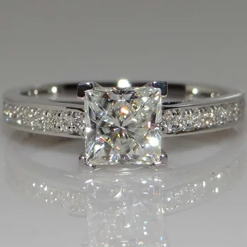 14K Hvid Princess Square Diamant Ring For Kvinder Sølv Farve Zircon imulation Diamant Ring, Bryllup, Engagement Ring Fine Smykker