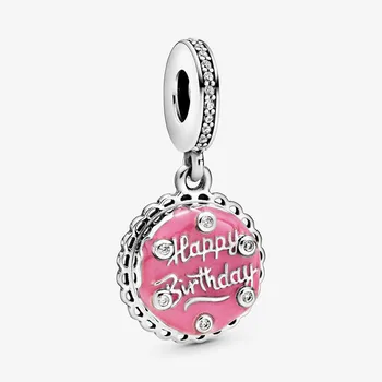 Ny 2020-Sterling Sølv 925-Perle Lyserød Fødselsdag Kage Dingle Charme passer til 3mm Armbånd Kvinder DIY Smykker gave 1553