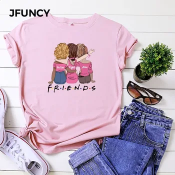 JFUNCY Plus Size Kvinde, Toppe I 2020, Nye Kvinder Bomuld T-Shirt Bedste Venner Tegnefilm Trykt Kvindelige Tee Sommeren kortærmet T-shirt