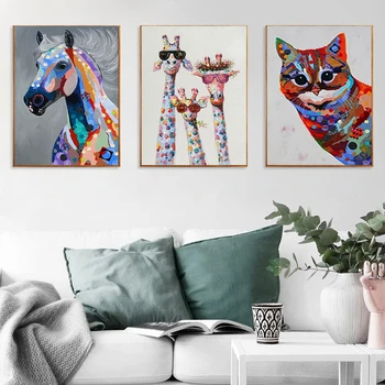 Farverige Dyr, Giraf Kat Hest Lærred Maleri Plakater og Prints Væg Kunst Billede for Kids Room Soveværelse Indretning Cuadros