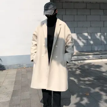 Korean Style Lange Uldne Frakke Mænds Mode Afslappet Oversize Uld Frakke Mænd Vilde Løs Uldne Skyttegrav Frakke Herre Frakke M-2XL