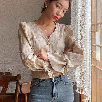 Vintage Kvinder Bluser koreanske 2021 Elegant Casual Bue Solid Perler Chic V-hals, Høj Kvalitet Løs Alle Match Kvinder Shirts 9970