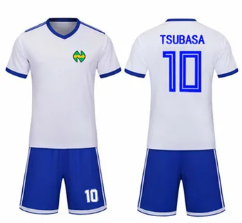 Kaptajn Tsubasa Nankatsu Skole Fodboldtrøje Sæt No. 10 Tsubasa Ozora Cosplay Hvid Fodbold Top Tee & Blå Shorts