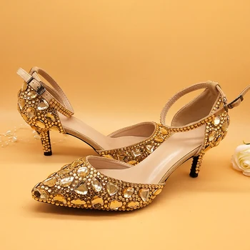 Champagne Golden crystal dame Rhinestone Bryllup sko høje hæle ankel strop sko kvinder part kjole sko