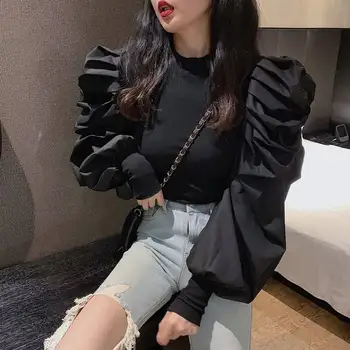 Woherb Koreansk Mode Black Pullovere Halvdelen Rullekrave Lang Puff Ærmer Jumpere Solid Patchwork Slank Sweater Kvinder Efteråret Ny