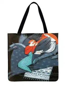 Damer Skuldertaske Skov Pige Print Tote Bag Tegnefilm Illustrationer Casual Totes Foldable Shopping Bag Offentlig Strand Taske
