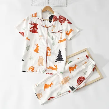 Bomuld Pyjamas Kvinder Korte Ærmer, Bukser, Pyjamas Sæt Damer Søde Tegneserie Print Nattøj Japansk Enkel Homewear Pijama