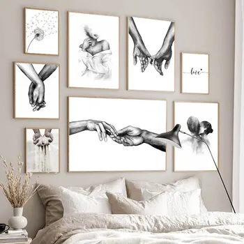 Sort Hvid Romantisk Hånd I Hånd Lærred Maleri Kærlighed Citater Væg Kunst Plakat Print Mode Billede Par, Elskere Room Decor