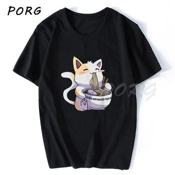 Neko Ramen Anime, Manga Ramen Nudler Cat T-Shirt til Mænd af Høj Kvalitet, Æstetisk Japansk Bomuld T-shirt Harajuku Streetwear t-shirt