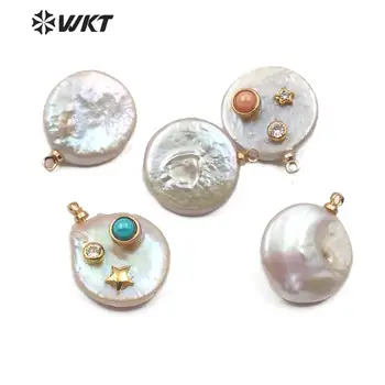 WT-MP140 Naturlige Ferskvands Perle Vedhæng & CZ Banet Runde Perle Med Multi-Farve sten brolagt Perle Charm perle