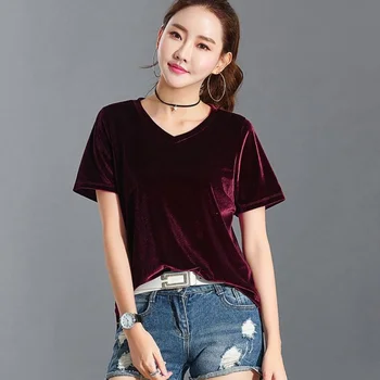 Plus size V-hals Velour bluse Toppe M-6XL 7XL Kvinder koreanske Shirts 2020 Sommeren Velour Shirts Kvinder Grundlæggende Blusas sort vin blå