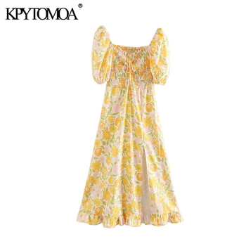 KPYTOMOA Kvinder 2020 Elegante Mode Blomster Print Smocked Elastisk Midi Kjole Slips Hals, Korte Ærmer Slids Kvindelige Kjoler Vestidos