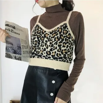 Ny Afgrøde Toppe Kvinder Mode Blød Varm Leopard Vest Uden Ærmer Strikket Kort Tank Strik Sweater Ryg-Frakke Femme Print-Toppe