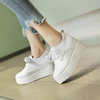 HOT Kvinder Sneakers Fladskærms-Platform Sko Kvinde snøre Patent Læder Casual Sko, Loafers Øget Damer Sko Solid Oxfords