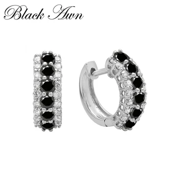 Sort Awn Klassiske 925 Sterling Sølv Round Black Trendy Spinel Engagement Hoop Øreringe til Kvinder Fine Smykker Bijoux I173