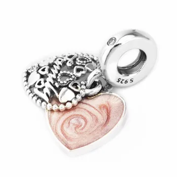 925 Sterling Sølv Smykker, Lyserød Emalje Family Heart Perler til Armbånd Femme DIY Perler til smykkefremstilling Mode Charme