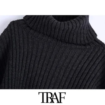 TRAF Kvinder Mode, Varm, tæt Beskåret Strikket Sweater Vintage Høj Hals, Lange Turn-up Ærmer Kvindelige Pullovere Smarte Toppe