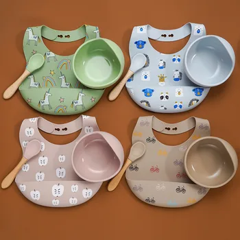 BPA Gratis Baby-Silikone Hagesmække Justerbar Spyt Håndklæde Søde lille Barn Middag Pladen Med Ske Vandtæt Fodring Beding Skål For Børn