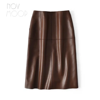 Novmoop Italien vintage stil kvinder foråret mørk brun med En ægte fåreskind læder nederdel med lynlås lomme indretning LT3042
