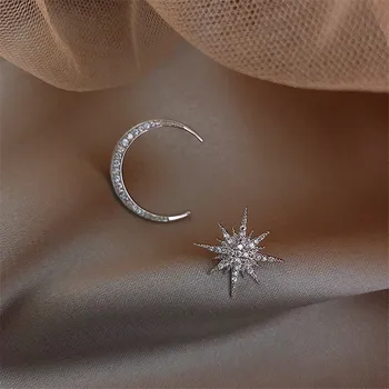 Mode koreanske Jewelley Asymmetri 925 Sterling Sølv Krystal Moon Star Stud Øreringe Til Kvinder Pendientes eh022