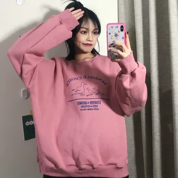 Hættetrøjer Kvinder Trykt O-Neck Alle-match Løs koreansk Stil Dame Pullover Sweatshirt Plus Velvet Varm Fritids-Mode Ulzzang