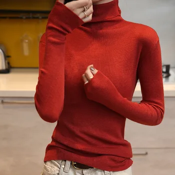 Efterår og vinter nye lange ærmer strikket top kvinders solid farve strikket base sweater 2020
