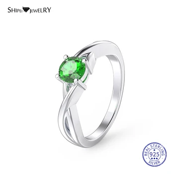 Shipei Smaragd Ring i Sølv 925 for Kvinder 925 Sterling Sølv 5mm Rund Gemstone Safir Ring Engagement Jubilæum Gave