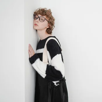 Imakokoni sort og hvid stribet sweater oprindelige design vilde løs tyk pullover kvindelige efteråret og vinteren 182407