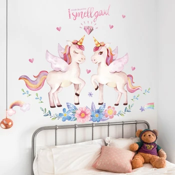 Fantasi Unicorn Wall Stickers til børneværelset Baby værelse Børnehave Tegnefilm vægoverføringsbilleder Flytbare Øko-venlige Vinyl DIY Vægmalerier