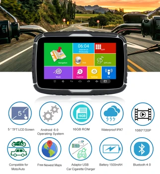 Fodsports 5.0 tommer Motorcykel-GPS-Navigation Android-Systemet Bluetooth-Vandtæt Moto Bil Navigator AHD DVR Kamera Tyngdekraften Sensor