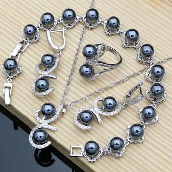 Black Pearl Sølv 925 Smykker Sæt til Kvinder Pearl Armbånd, Øreringe og Ring, Halskæde Sæt til Bryllup Fest, Fødselsdag, Gave,