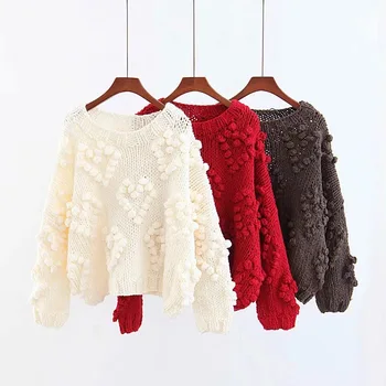 Efteråret Grove uld håndlavet strikket Sweater kvinder Halvdelen rullekrave dovne Rå uld Strikket Lanterne Ærmet 3D Garn Bolden Pullover