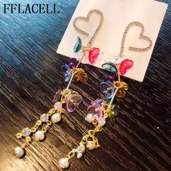 FFLACELL koreanske S925 Nål Mode Rhinestone Lang Kvast Dingle Øreringe Elegante, Farverige Akryl Blomst Kvinder Gave