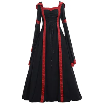 Kvinder Vintage Middelalderlige Gulvlang Kjole Kvindelige Gotiske Renaissance Celtic Cosplay Kjole Damer Patchwork Mode Hooded Dress