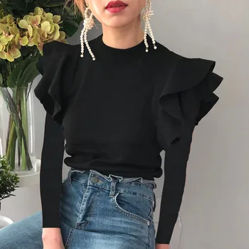 Efteråret koreanske Version Kvinder Pullover 2020 Pjusket langærmet Nye Stil, Stand-up Krave, Slank Design Strik Top Bunden Sweater