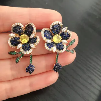 Bilincolor zirkonia royal blå blomst drop øreringe til kvinder
