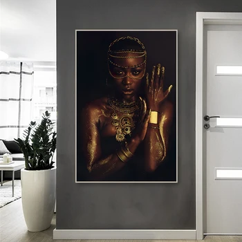 Afrikanske Kvinde, Plakater og Prints i Sort og Guld Kvinder Olie Maleri På Væggen Moderne Kunst Lærred Billede til stuen Cuadros