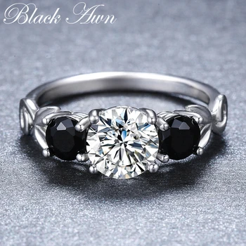 [BLACK AWN] Runde Ægte 925 Sterling Sølv Ring med Sort Spinel Finger Elegante Ringe til Kvinder G090