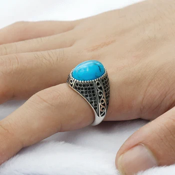 925 Sterling Sølv Mænd Ring med Blå Turkise Sten Vintage Thai Sølv Ring med Sort CZ for Mandlige og Kvindelige tyrkiske Jewelryy