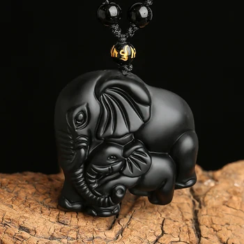 Dyre Vedhæng Halskæde Håndarbejde Naturlig Sort Obsidian Skåret Mor Baby Søde Elefant Mænd Amulet Heldig Smykker Vedhæng Kæde